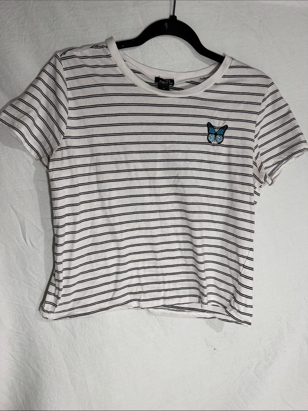 Rue21 White Striped Tee with Blue Butterfly Patch